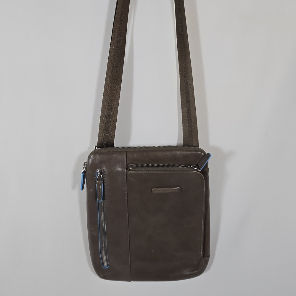 Piquadro Italian Leather Crossbody Organizer Bag Gray Blue Men's Travel EDC 11x9